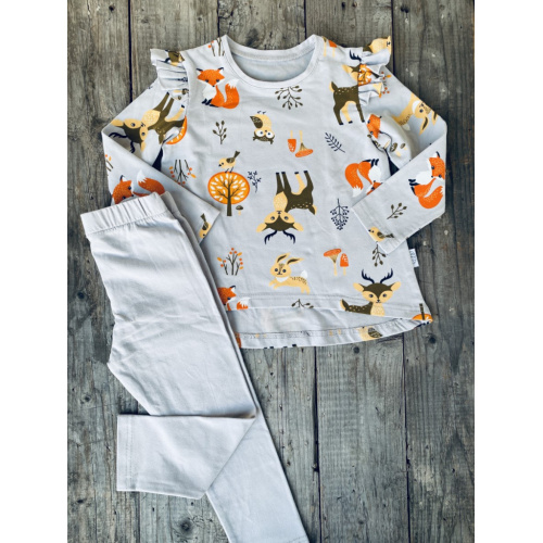 Detské pyžamko Lesné zvieratká na sivej - tunikový strih s volánikom - POSLEDNÝ KUS